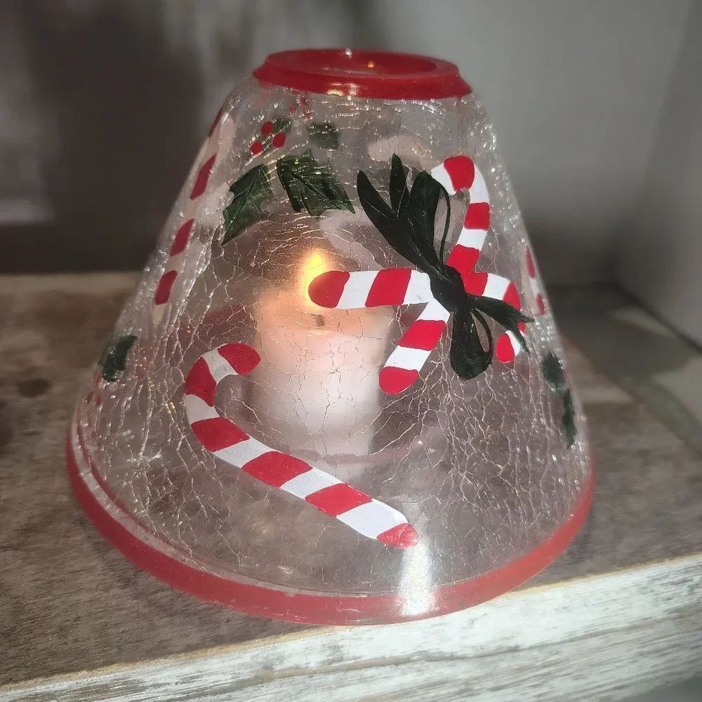 Yankee Candle Vintage Crackle Glass Winter Candy Canes Holly. Y2